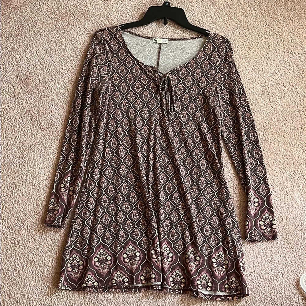 Brown and Tan Long Sleeve Scoop Neck Sundress